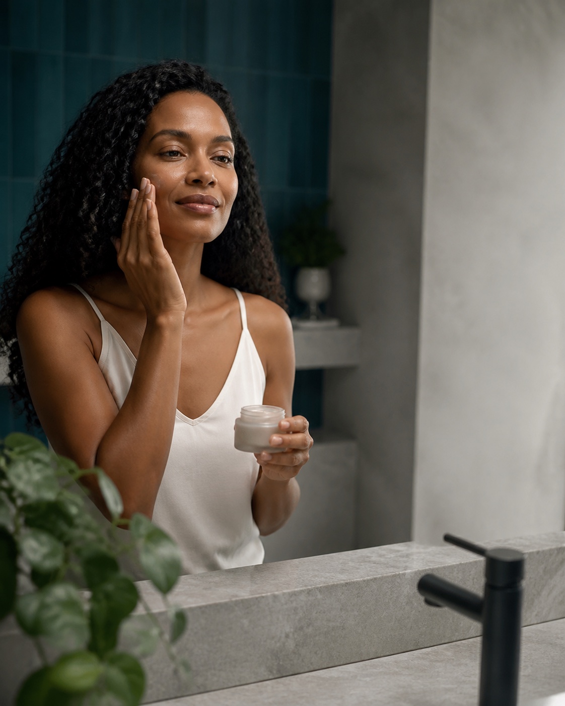 Woman applying moisturizer in front of the mirror